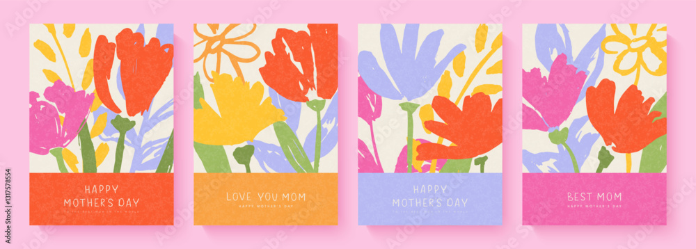 Fototapeta premium Happy Mother's Day. Set of spring cards with hand-drawn flowers. Collection of templates for designing festive advertising materials or greeting cards for Mother's Day. Trendy modern vector