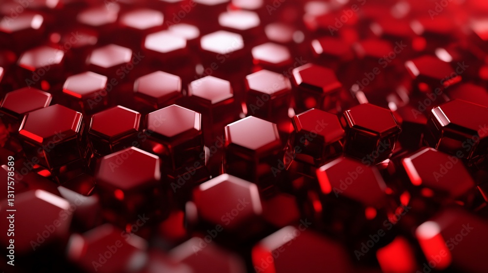 Abstract Red Hexagon Pattern: A 3D Render of Shiny Geometric Shapes