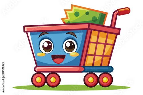 A joyful cartoon shopping cart with eyes and money peeking out, ready for a fun shopping adventure, Shopping Customizable Cartoon Illustration