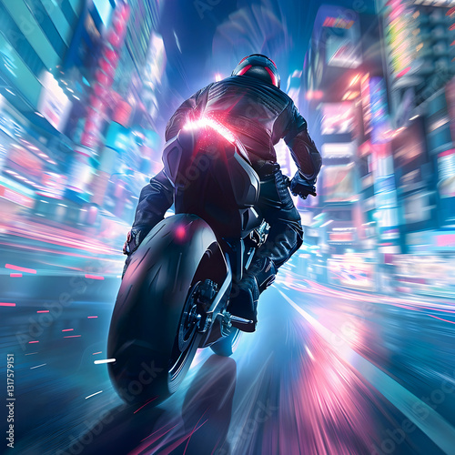 Futuristic Motorcycle Rider Night City Speed
