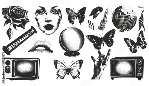 Trendy halftone stipple effect, grunge punk grain, texture, y2k collage design, modern vector illustration, mouths, eyes, hands, rose, butterfly, old TV, vintage watch, disco ball