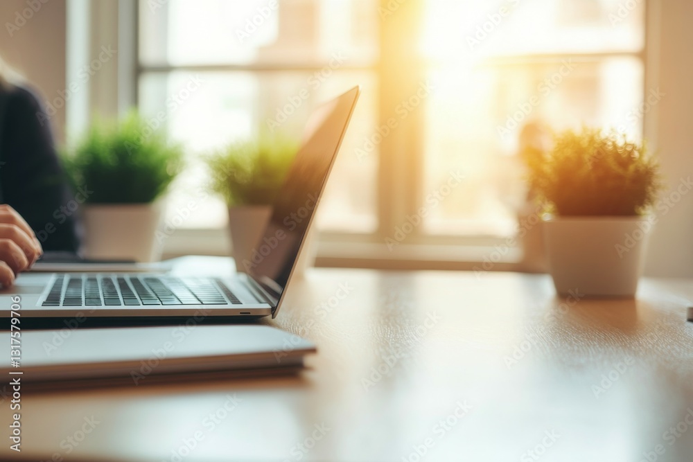 Working at a bright desk with plants and a laptop during a sunny afternoon Working at a bright desk with plants and a laptop during a sunny afternoon