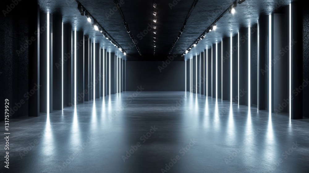 Modern Dark Hallway with Glowing Neon Lights, Futuristic Architectural Design, Interior Space, Empty Room, Clean Lines, Abstract Background, Minimalist Style