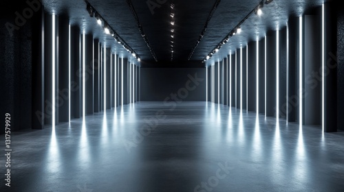 Modern Dark Hallway with Glowing Neon Lights, Futuristic Architectural Design,  Interior Space, Empty Room, Clean Lines,  Abstract Background, Minimalist Style