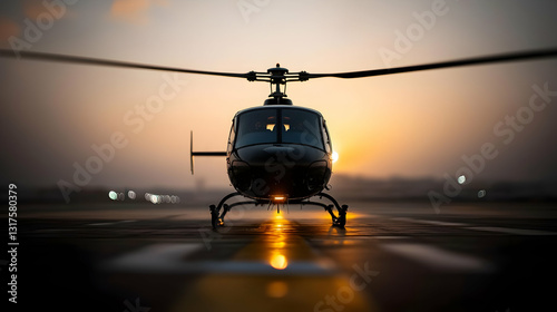 A black helicopter rests on an airfield at golden sunset