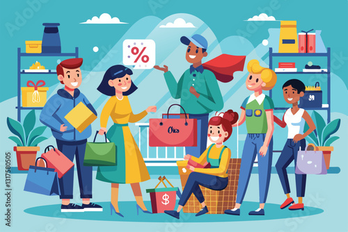 Shoppers gather in a vibrant store, excitedly exploring discount items during a flash sale event, shopping for discount items flash sales