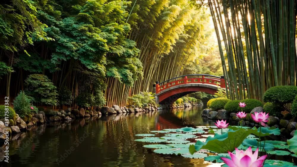 Red bridge over a stream in a Japanese garden with lotus flowers and bamboo forest