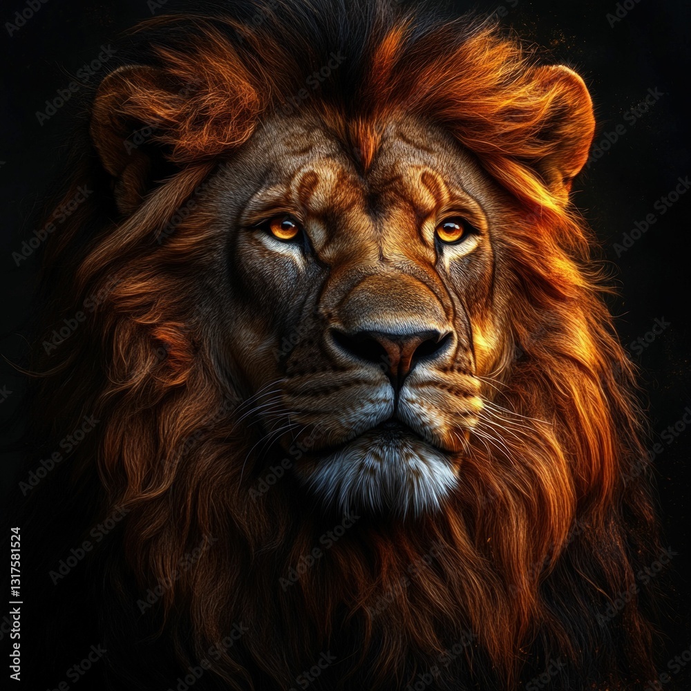Fototapeta premium Majestic lion portrait, fiery mane, intense gaze.