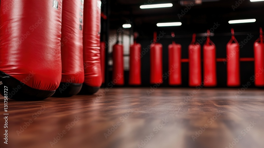 Φωτογραφία Multiple red punching bags hanging in a gym, with a wooden floor in the foregrou