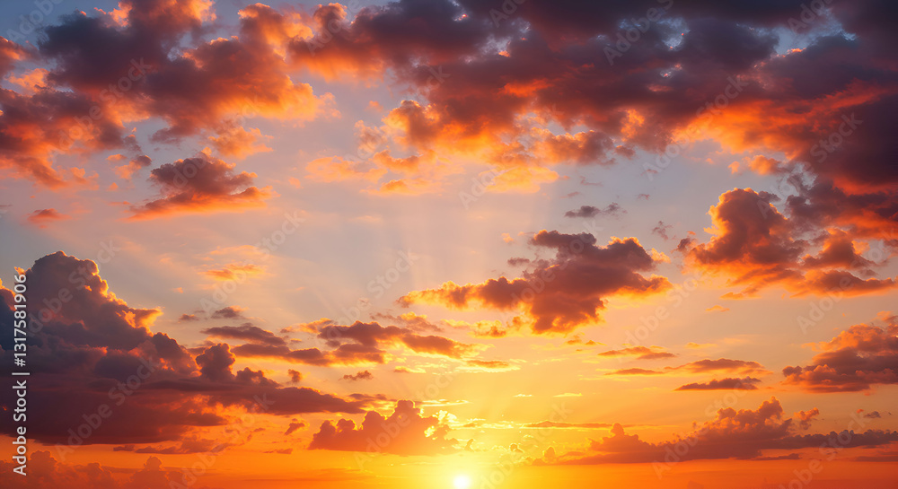 Fototapeta premium Dynamic Vibrant Sunset Clouds Photography: A High-Resolution Image Featuring the Dramatic Play of Colors and Light as the Sun Sets Behind Luminous Cloud Formations