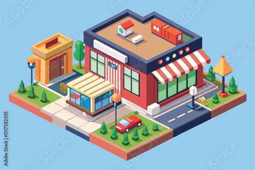 Shops are in an isometric layout, poised for reopening, surrounded by greenery and urban elements, Shops re-opening soon Customizable Isometric Illustration
