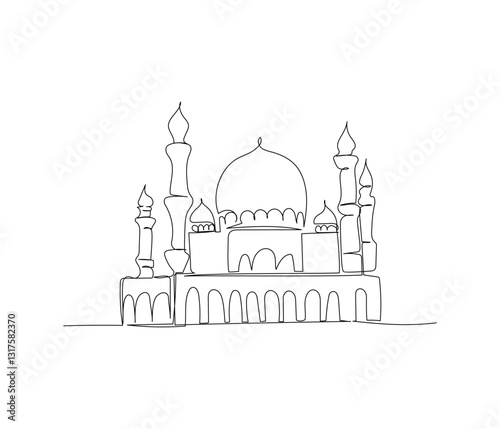 Mosque, house of prayer for Muslims, architecture one line art. Continuous line drawing of online Muslims, Islam, traditions, clothing, folk, oriental.
