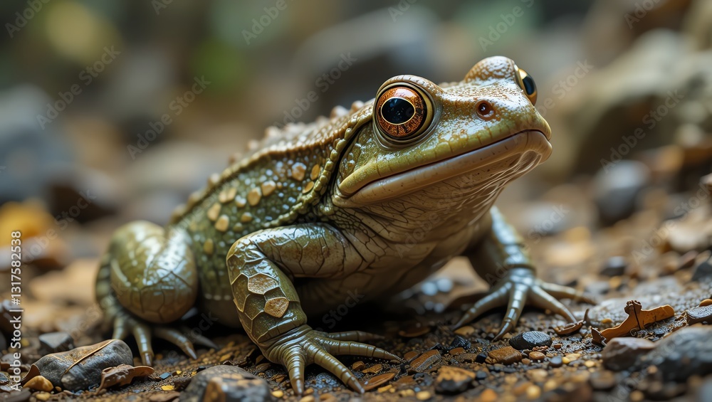 A close-up view of a frog sitting on the ground, showcasing its unique texture and colors in a natural habitat. A close-up view of a frog sitting on the ground, showcasing its unique texture and colors in a natural habitat.