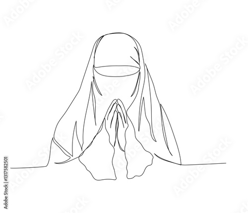 Arab woman praying in national dress, burqa, veil one line art. Continuous line drawing of online Muslims, Islam, traditions, clothing, folk, oriental.