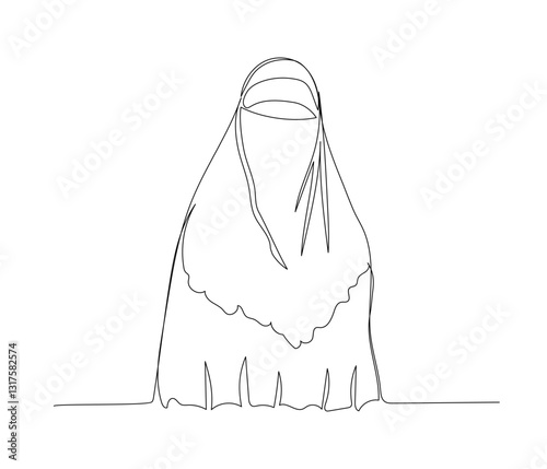 Arab woman in national dress, burqa, veil one line art. Continuous line drawing of online Muslims, Islam, traditions, clothing, folk, oriental.