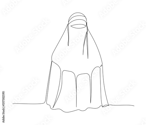 Muslim woman in national dress, burqa, veil one line art. Continuous line drawing of online Muslims, Islam, traditions, clothing, folk, oriental.