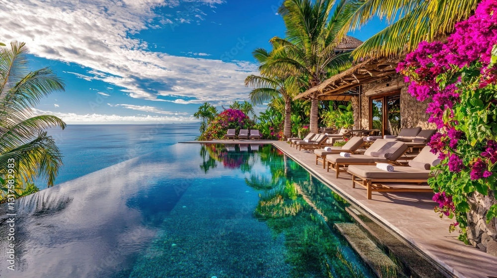 Obraz premium Tropical paradise with infinity pool overlooking ocean, surrounded by nature