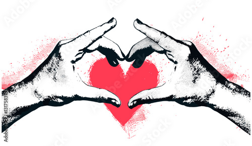 Retro vector illustration, Valentines day halftone, heart gesture hands, love sign, male female, trendy modern style, transparent background, romantic concept, love expression