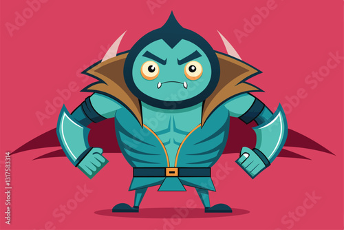 A vibrant blue monster character stands confidently, showcasing its muscular build and bold outfit, Shrug Customizable Disproportionate Illustration