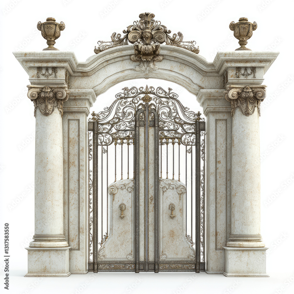 Obraz premium Ornate wrought iron gate with marble columns and decorative archway on white background