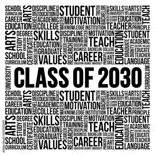 Class of 2030 - the group of students who graduated from high school or college in the year 2030, word cloud concept background