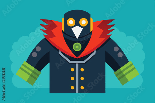 A colorful illustration showcases a stylized character with exaggerated features and distinctive attire, Shrug Customizable Disproportionate Illustration