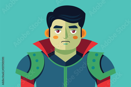 A character with a shrug expression wears stylized armor, set against a vibrant turquoise backdrop, Shrug Customizable Disproportionate Illustration