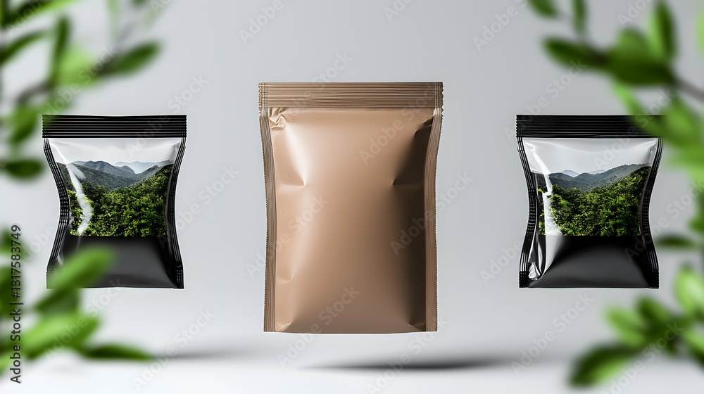 Three Packages Of Products Suspended Against A Plain Background