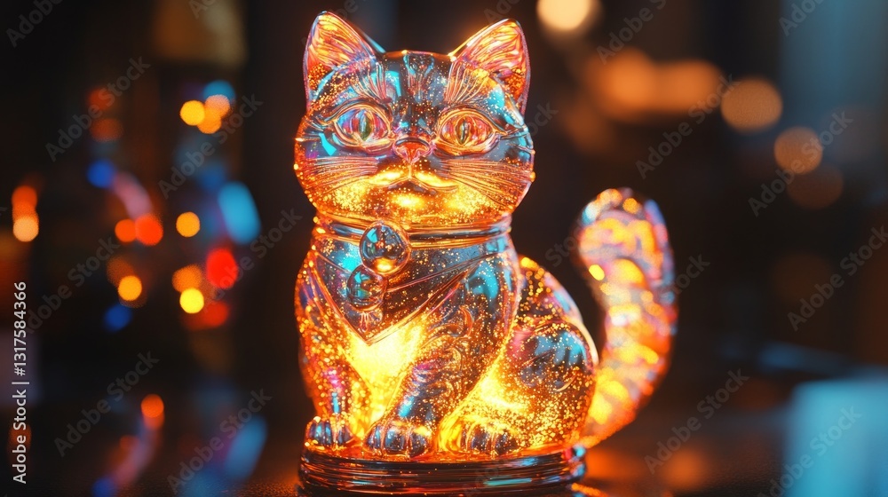 Obraz premium Illuminated Cat Figurine with Sparkling Lights and Colorful Glow