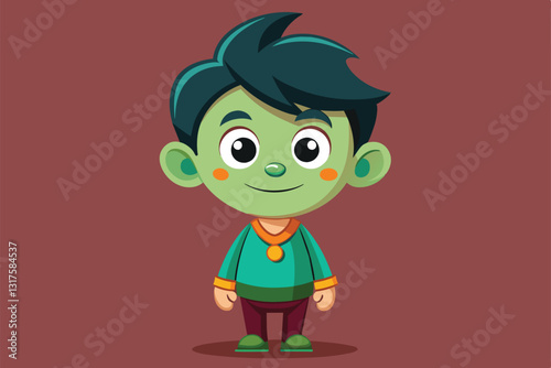 A shy cartoon character with green skin and expressive eyes stands with a friendly demeanor in a colorful outfit, Shy Customizable Cartoon Illustration