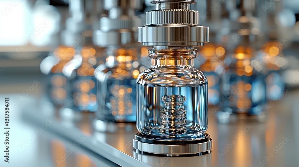 Rows of glass vials with metallic tops containing liquid Rows of glass vials with metallic tops containing liquid