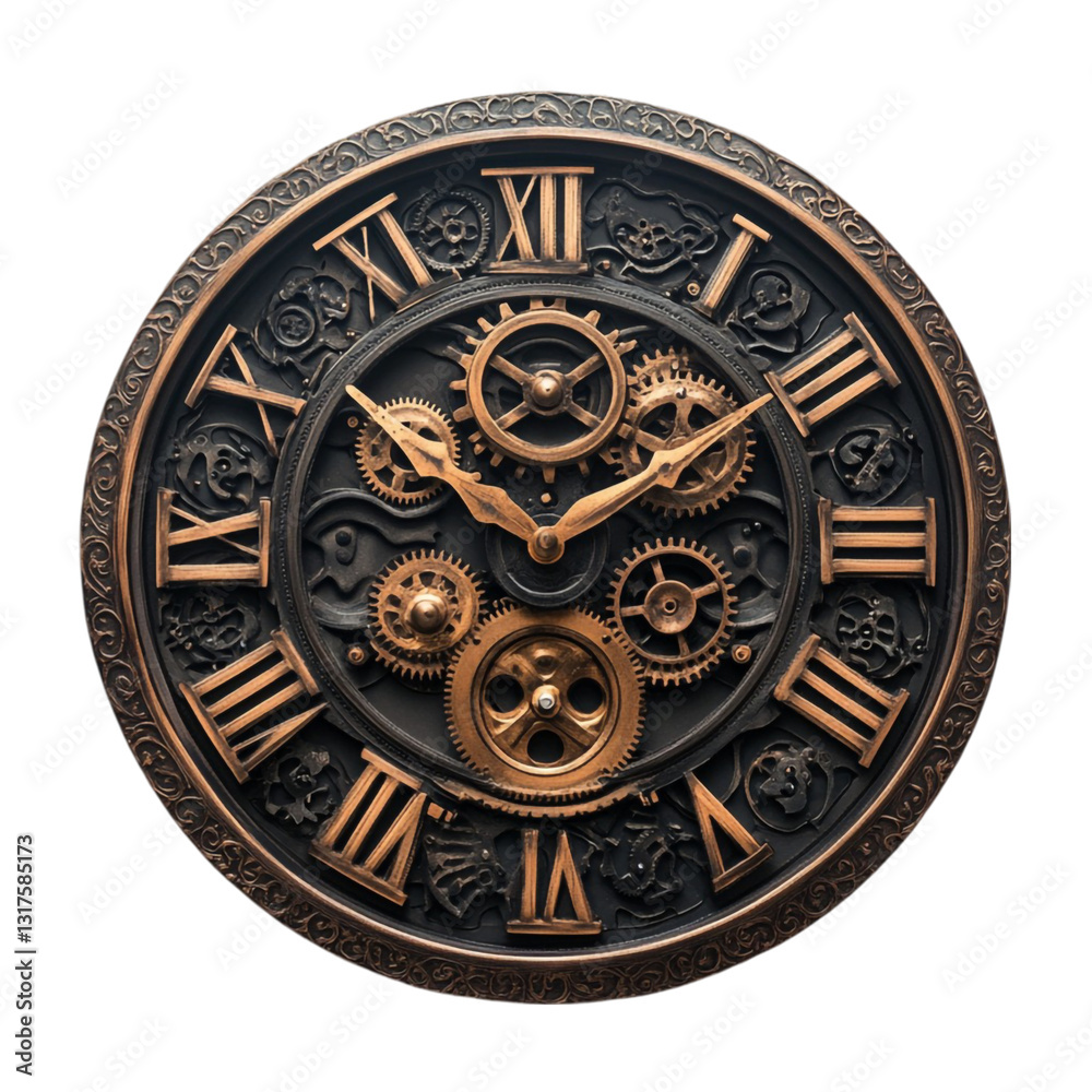 Fototapeta premium Intricate Clock Face Gearwork Roman Numerals Timepiece