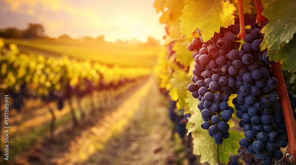 Sunset Glow Over Lush Vineyard Rows: Ripe Grapes Hanging Heavy on the Vine