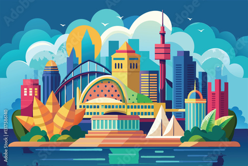 A colorful skyline showcases famous buildings and plants against a clear blue sky with fluffy clouds, Sidney Customizable Flat Illustration