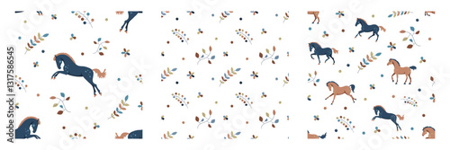 A set of seamless pattern with stylized horses, floral elements, and decorative leaves in earthy tones on a white background