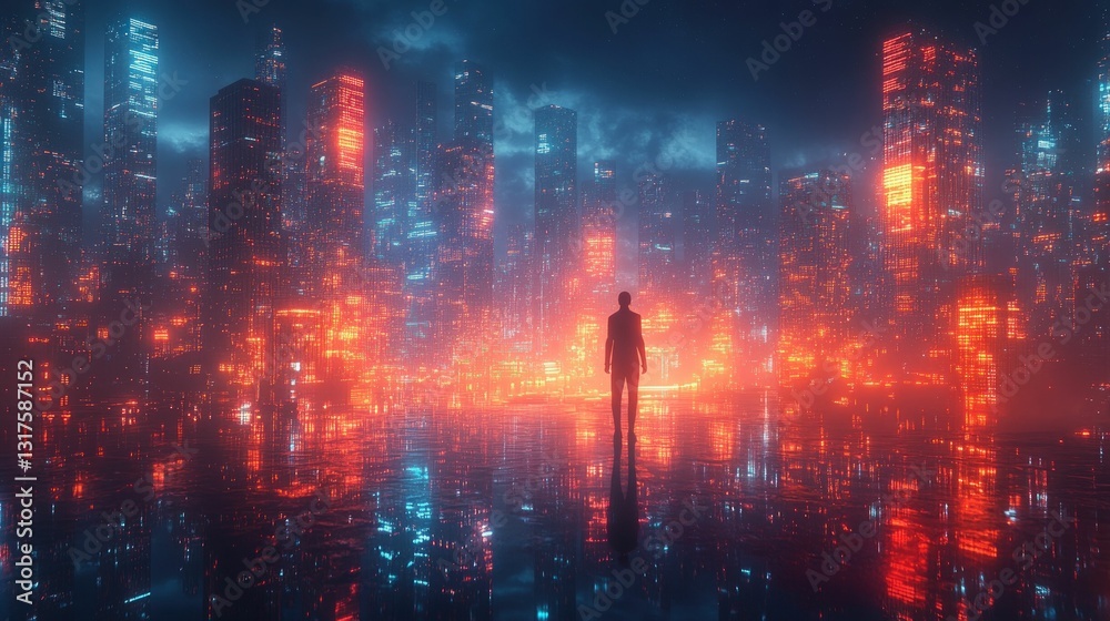 Fototapeta premium Futuristic city skyline reflecting, lone figure contemplates