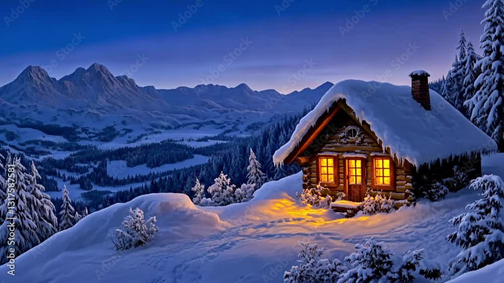 Snowy cabin in the mountains, warm glowing windows, cozy winter night atmosphere Snowy cabin in the mountains, warm glowing windows, cozy winter night atmosphere