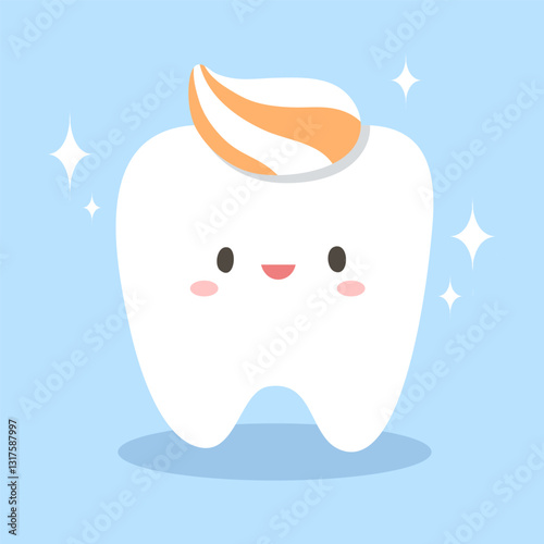 Smiling cute healthy tooth with toothpaste on head on light blue background. Cartoon for kids, dental clinic decoration, dentistry. Flat vector illustration character.