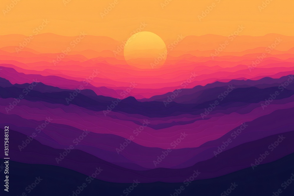 Fototapeta premium Dominating the scene, warm orange, pink, and purple tones create a stunning stylized mountain landscape, capturing the beauty of sunset
