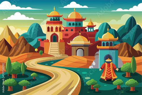 Explore a colorful landscape featuring Silk Road architecture, mountains, and a charming figure, Silk road Customizable Cartoon Illustration