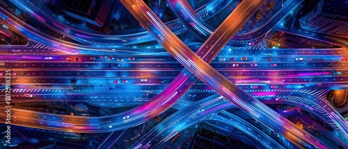 Aerial view of a vibrant city highway interchange at night, showcasing dynamic traffic flow and colorful lights