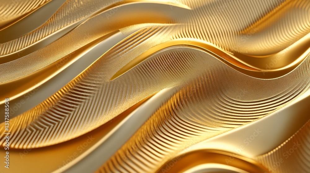 Abstract Golden Waves: Luxurious Texture and Elegant Curves in 3D Render