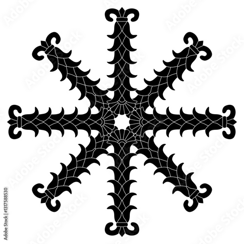 Round star shape geometrical mandala with Persian Achaemenid floral motifs. Stylized plant or cone. Geometrical palmette design. Black and white silhouette.