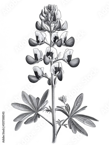 Detailed pencil drawing of a blooming texas bluebonnet wildflower