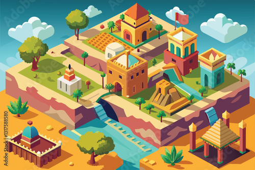 A vibrant isometric illustration showcases a customizable silk road landscape with unique structures and greenery, Silk road Customizable Isometric Illustration