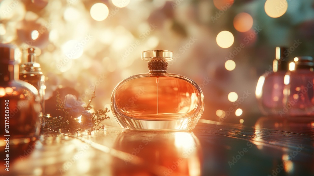 Elegant perfume bottle with warm light and bokeh background Elegant perfume bottle with warm light and bokeh background