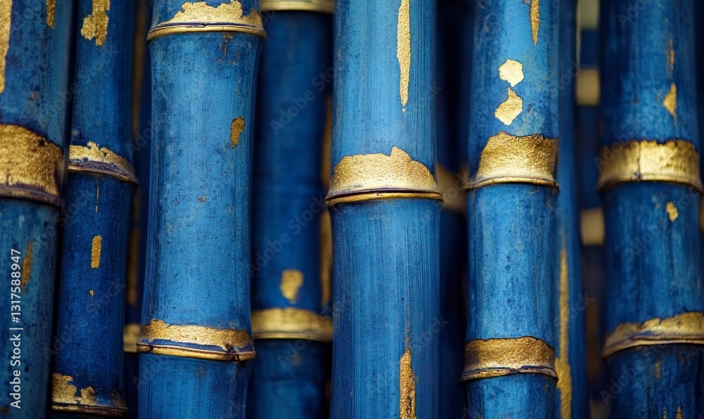 Blue Bamboo Stalks with Gold Accents for a Decorative Wall Design Blue Bamboo Stalks with Gold Accents for a Decorative Wall Design