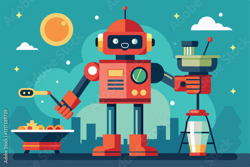 A cheerful robot uses cooking tools to prepare a meal in a sunny park surrounded by green hills, simple illustration of robot working like human