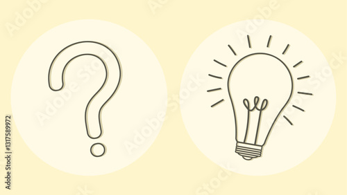 Minimalist line drawings of a question mark and a glowing light bulb side by side, symbolizing doubt and idea