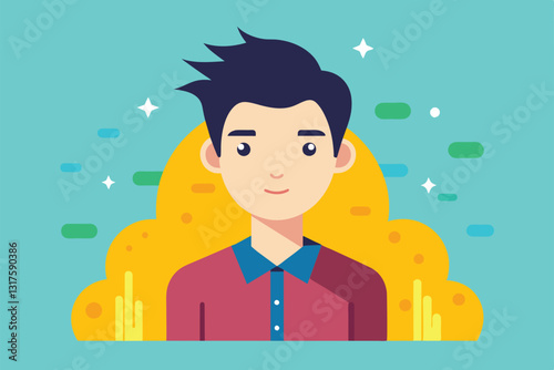 A young man smiles against a vibrant, abstract background featuring bright colors and shapes, Singles Customizable Flat Illustration